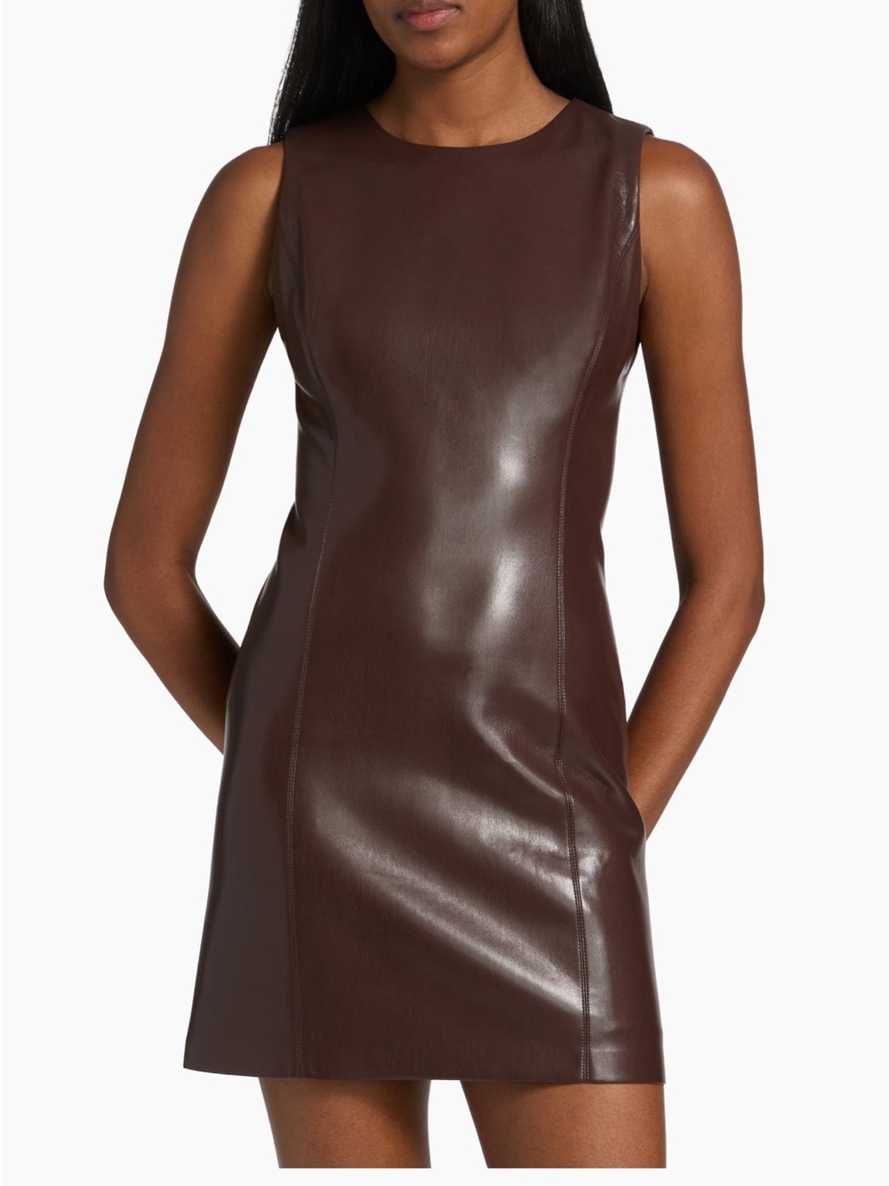 Alice + Olivia Sleeveless Faux Leather Mini Dress in Dark Brown